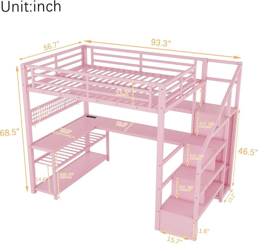 Full Size Loft Bed with LED Lights, Stairs, Desk & Storage for Adults Teens Kids Gaming Room Pink