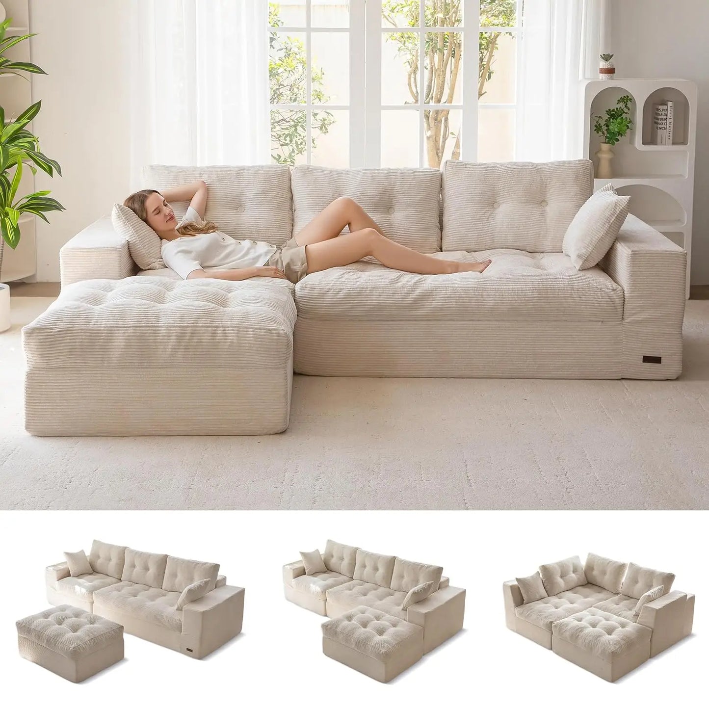 104" L Shaped Modular Sectional Sofa with Ottoman, Cloud Boneless Couch with Layered Cushion, Upholstered Sofa in a Box, Flexibl