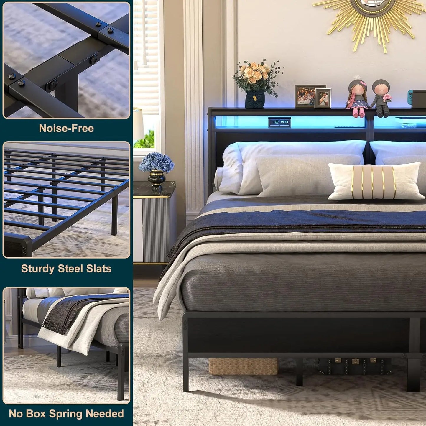 King Size Bed Frame with Headboard & LED Lights, Heavy Duty Metal Platform Bed, No Box Spring Needed, Industrial Design, Black