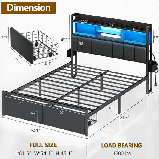 Full Size Bed Frame with Headboard Bed Frame Full Size with Storage Drawers Charging Station and LED Lights Metal Platform No B