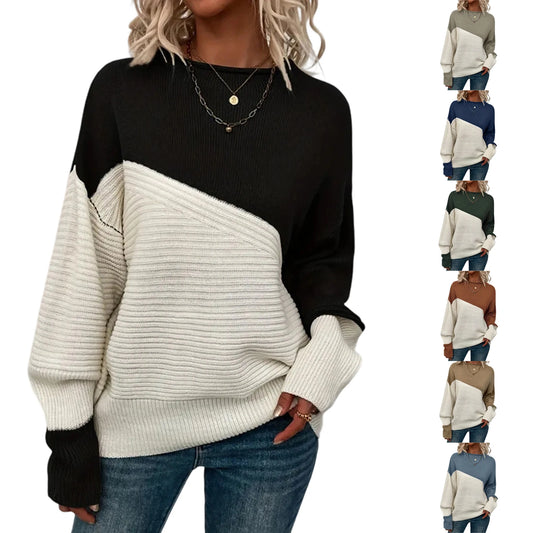 Women'S Casual Round Neck Colorblock Pullover Sweater Loose Casual Long Sleeve Contrast Color Top Pulls Femmes Woman Clothes