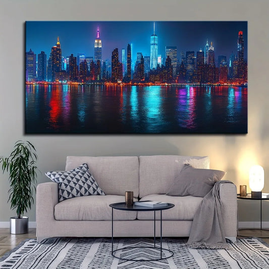 1.5 inch thick pine frame, city night view canvas poster, New York City skyline painting art, wall decor, home and dorm decor