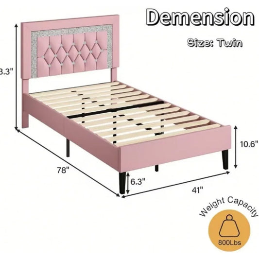 Frame with Tufted Button Headboard, Upholstered Platform Bed Frame with Diamond Design, Wood Slat Support