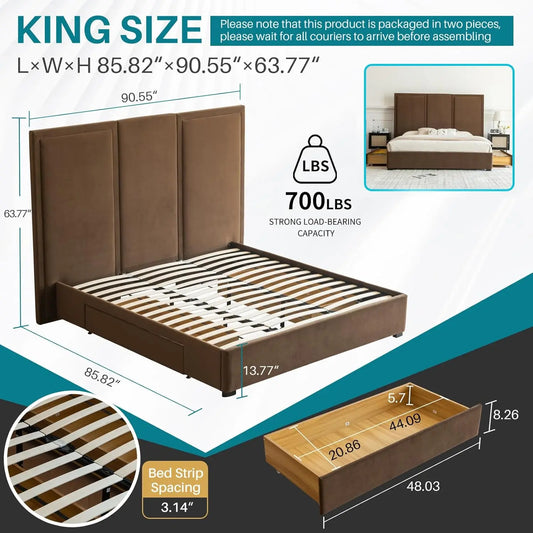 King Size Bed Frame with 64-inch High Headboard, Simple and Airy Linen Upholstered Platform Bed with Storage, Customized