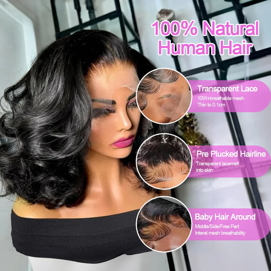 Glueless Body Wave Bob Wigs 13x6 Transparent HD Lace Frontal Wig 100% Human Hair Wigs Natural Wave Short Bob Wigs of Women