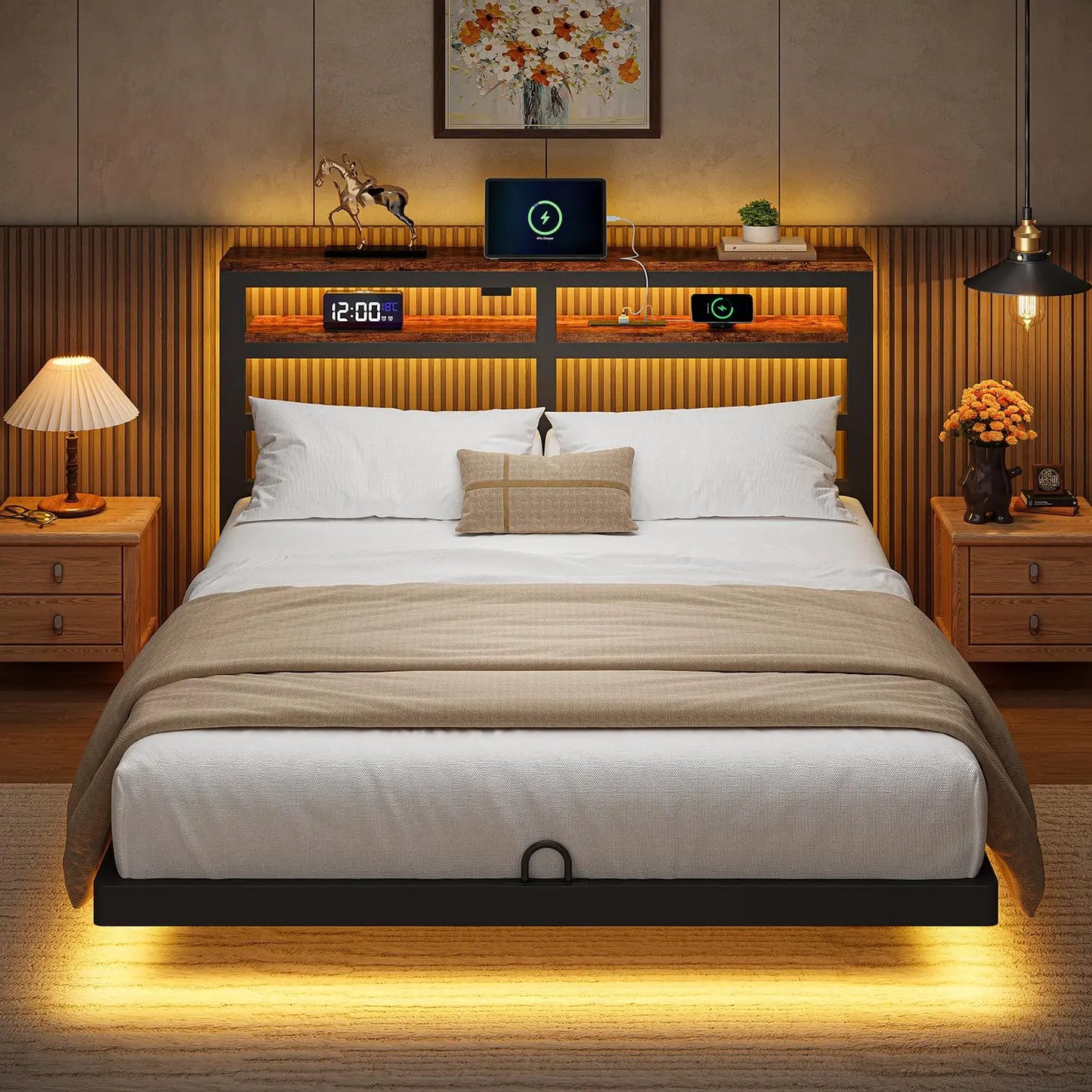 Floating Bed Frame Queen Size with Storage Headboard,Modern Metal Platform with Smart LED Lights and Charging, Customized