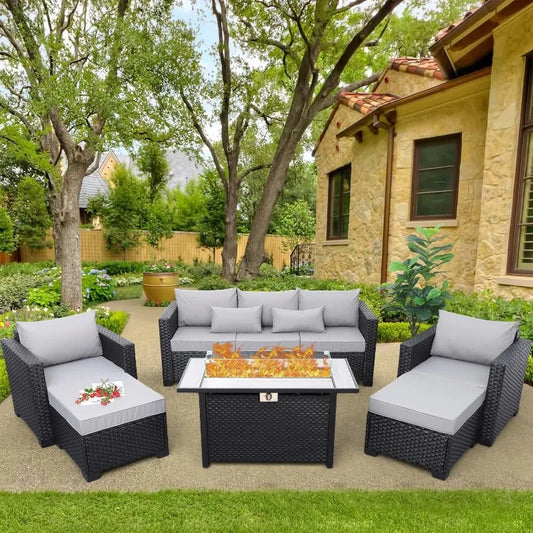 6-Piece Light Gray Patio Set with 45" Table and 60,000 BTU Propane Fire Pit