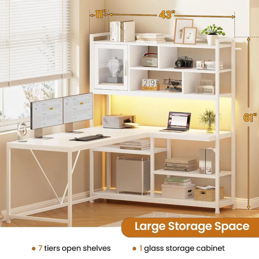 L Shaped Computer Desk, 58'' Office Desk with LED Light and Bookshelf, L Shaped Corner Desk with Storage Shelves