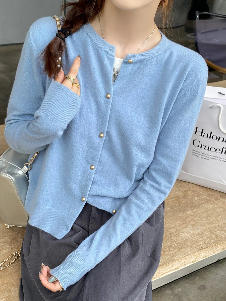 Solid Color Knitted for Women Cardigan Korean Single Breasted Long Sleeve Jumper Woman Round Neck All Match Cardigans Outwear