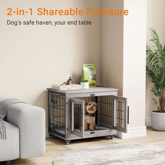 Dog Kennel Indoor Double Doors Wooden Dog Cage, Heavy Duty Dog Crate with Cushion&Wheels,Decorative End Table Pet House
