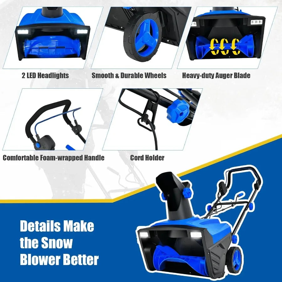 Electric Snow Blower 3190 RPM 20W Corded Snow Thrower w/ 15 AMP Motor 180 Rotating 30 FT Throwing Chute Dual LED Lights HDPE We