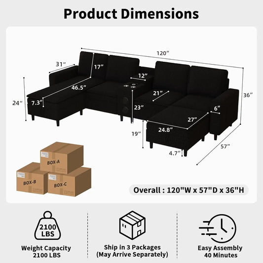 Sectional Couches for Living Room, 6 Seat Sectional Sofa with Bluetooth Speaker/RGB Light/Charging Station, Teddy, Customized