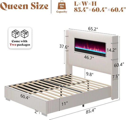 Modern Queen Size Bed Frame with Fireplace, Cream Wingback Platform Bed Frame with 60.4“ Extra Tall Headboard, Corduroy