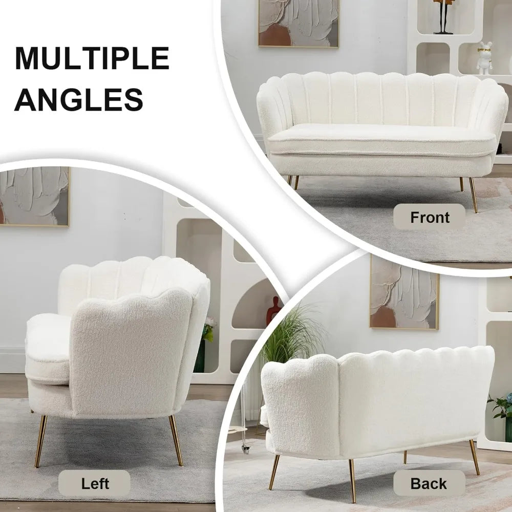59" Wide Loveseat Sofa, Boucle Upholstered Small Couch with Petal Design, Modern Leisure Sofa with Gold Metal Legs