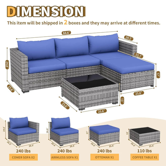 5 Piece Patio Furniture Set, All-Weather Wicker Outdoor Sectional Sofa, L Shaped Outdoor Conversation Couch with, Customized