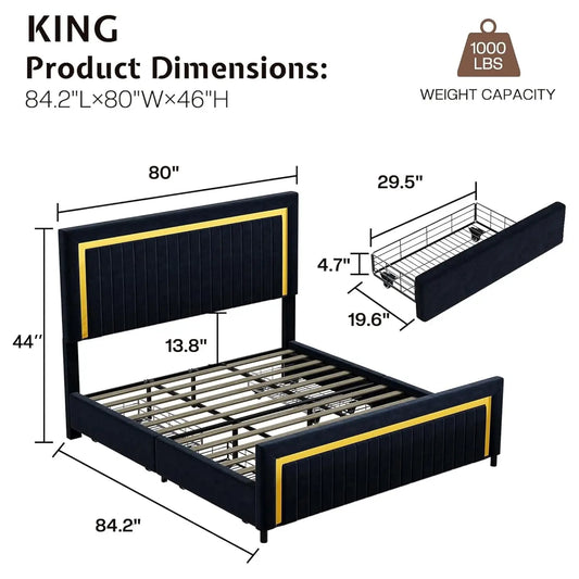 King Upholstered LED Platform Bed Frame with Storage Drawers Adjustable Headboard No Box Spring, Customized