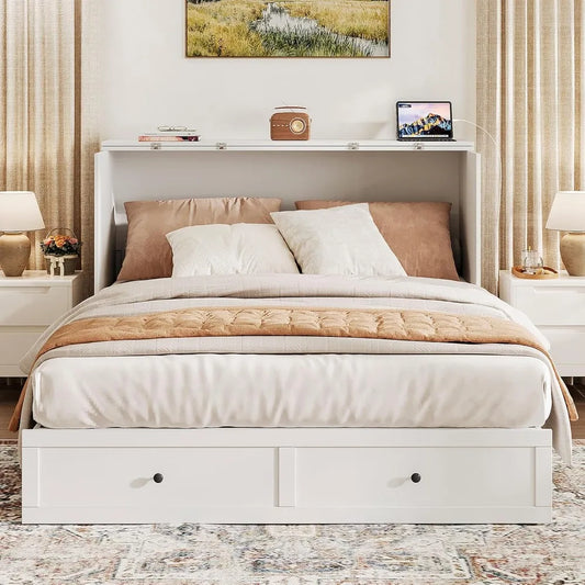 Queen Murphy Bed with Storage & Charging Station, Foldable Cabinet for Guest Room, Living Room, Office - Distressed White