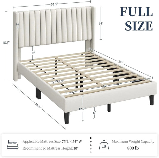 Full Bed Frame Upholstered Platform Bed with Fabric Headboard, Wing Edge Design/Non-Slip and Noise-Free/Wooden Slats Support