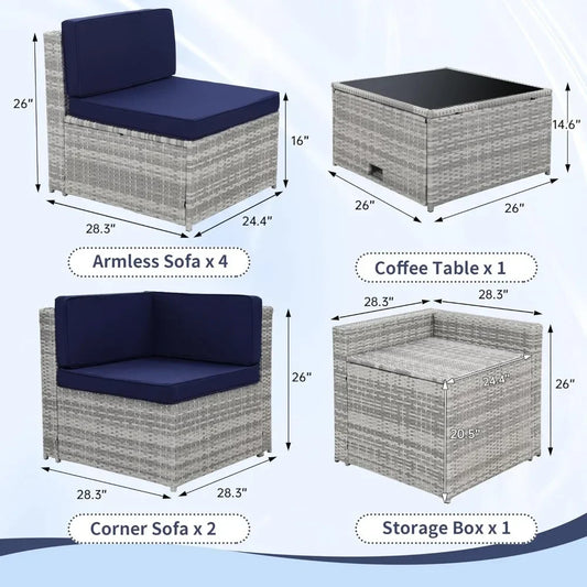 8-piece Outdoor Rattan Patio Furniture Segmented Set, Glass-topped Table with Hidden Storage, Grey Rattan with Blue Padded Mats