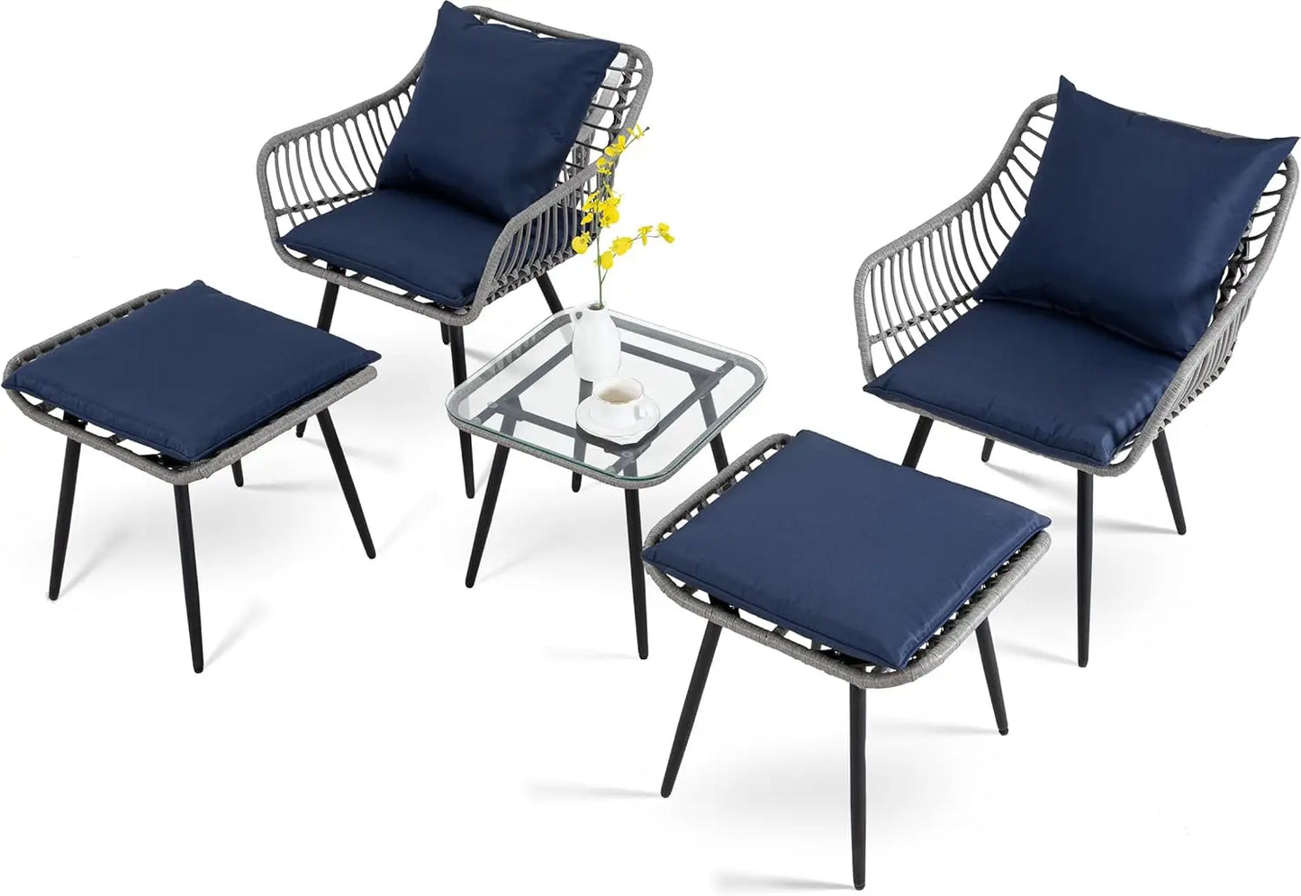5 Piece Patio Bistro Set with Ottoman, Outdoor Wicker Apartment Balcony Furniture Sets, Rattan Table and Chairs Set of 2