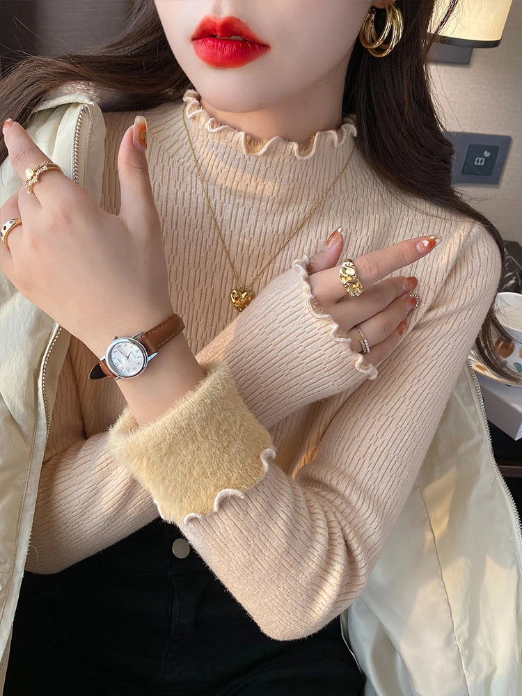 Autumn Elegant Casual Ruffles Knitted Sweater Fashion Women Mock Neck Pullover Solid Top Winter Warm Long Sleeve Knitwear Jumper