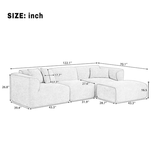 122” Modular Sectional Sofa, Cloud Sectional Boneless Couch with Deep Seat and Movable Ottoman, Modern Oversized, Customized