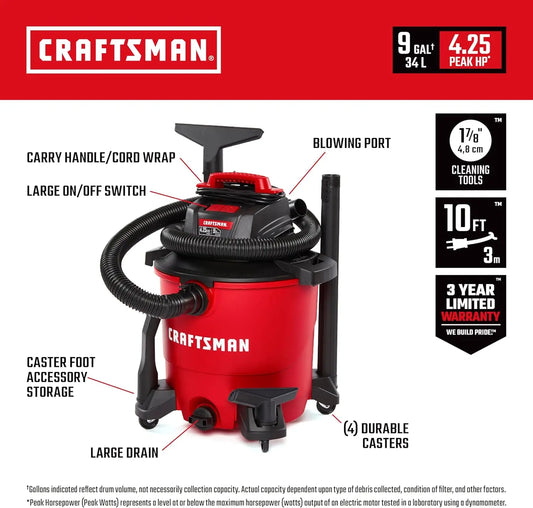 9 Gallon Wet Dry Vacuum with Blower Port, Oversized Drain, and Accessories for Home and Garage Cleaning