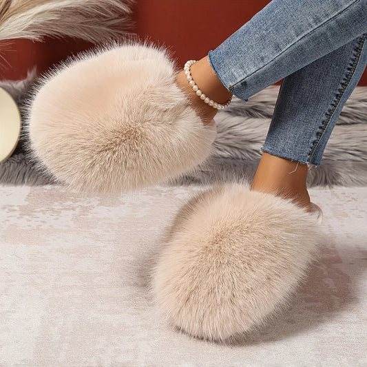1 Pair Elegant Faux Fur Slippers for Women, Indoor/Outdoor House Shoes, Korean Style Warm Flat Non-Slip Rubber Sole, Pure Color