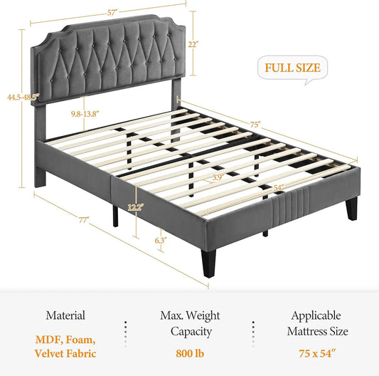 Velvet Upholstered Platform Bed with Adjustable Headboard, Noise-Free Wooden Slats, Easy Assembly, Dark Gray Full Size