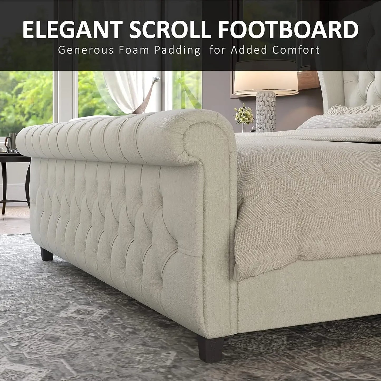 2025-hotQueen Size Platform Bed Frame, Chenille Upholstered Sleigh Bed with Scroll Wingback Headboard & Footboard/Button Tufted