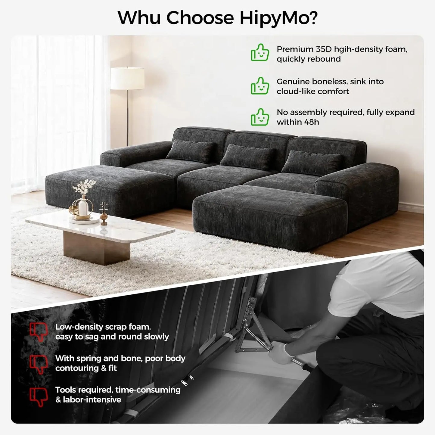 110" U Shaped Modular Cloud Sectional Sofa, Boneless Couch with 2 Ottomans for Living Room, 3-Seater Deep Seat, Customized