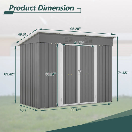 8 x 4 FT Metal Outdoor Storage Shed, Lean to Storage Shed, Garden Tool Storage House with Lockable Door and 2 Air Vents, Gray