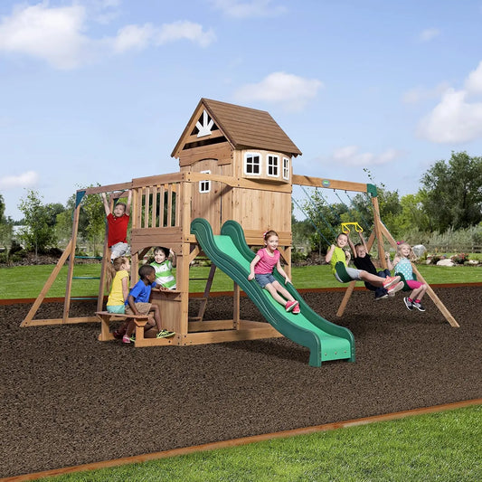Backyard Discovery Montpelier Cedar Wood Swing Set, Ages 3-6 Years, Wave Slide, Clubhouse, Monkey Bars, Picnic Area, Belt Swings