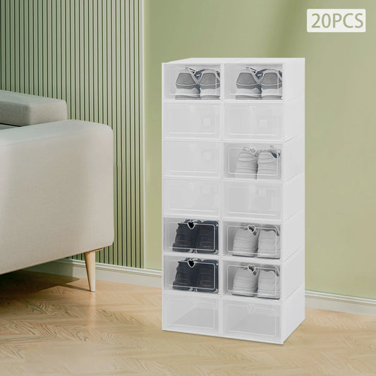 20PCS Stackable Shoe Storage Box W/Flip-Up Door - Space Saving Clear Plastic Organizer for Home Dorm Apartment