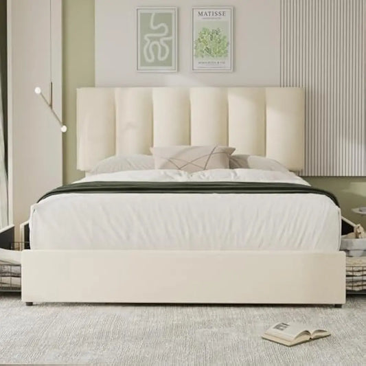 Queen Size Bed Frame with 4 Storage Drawers, Adjustable Height Headboard, Bed frame w/Strong Wooden Slats, No Box Spring Needed