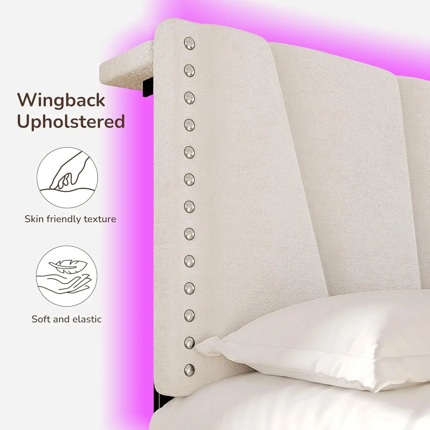 Velvet Headboard and LED Lights, Storage Headboard Platform Bed with Charging Station,King Size Bed Frame