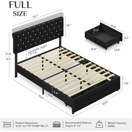 Bed Frame with 2 Storage Drawers, Upholstered Bed Frame with Adjustable Diamond Headboard, Velvet Modern Platform Bed Frame