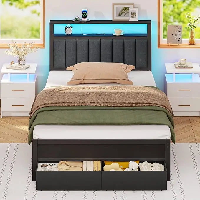 Size Bed Frame with Charging Station and LED Lights, Grey Upholstered Headboard with Shelves, 2 Under-Bed Storage Black Oak