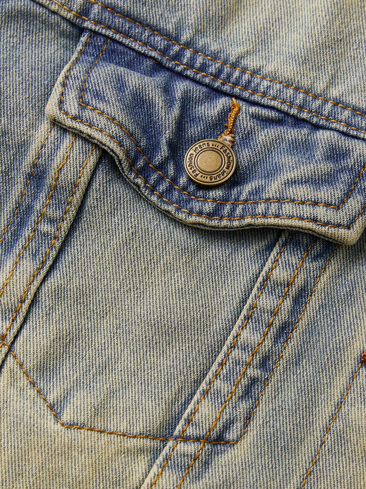 Women s Vintage Oversized Denim Jacket with Flap Pockets and Distressed Details Button Up Long Sleeve Casual Coat