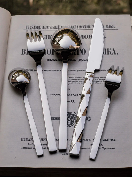 Stainless Steel Vintage Diamond Diamond Check Tableware Main Dish Spoon Spaghetti Fork Fruit Fork Spoon Western Tableware Set