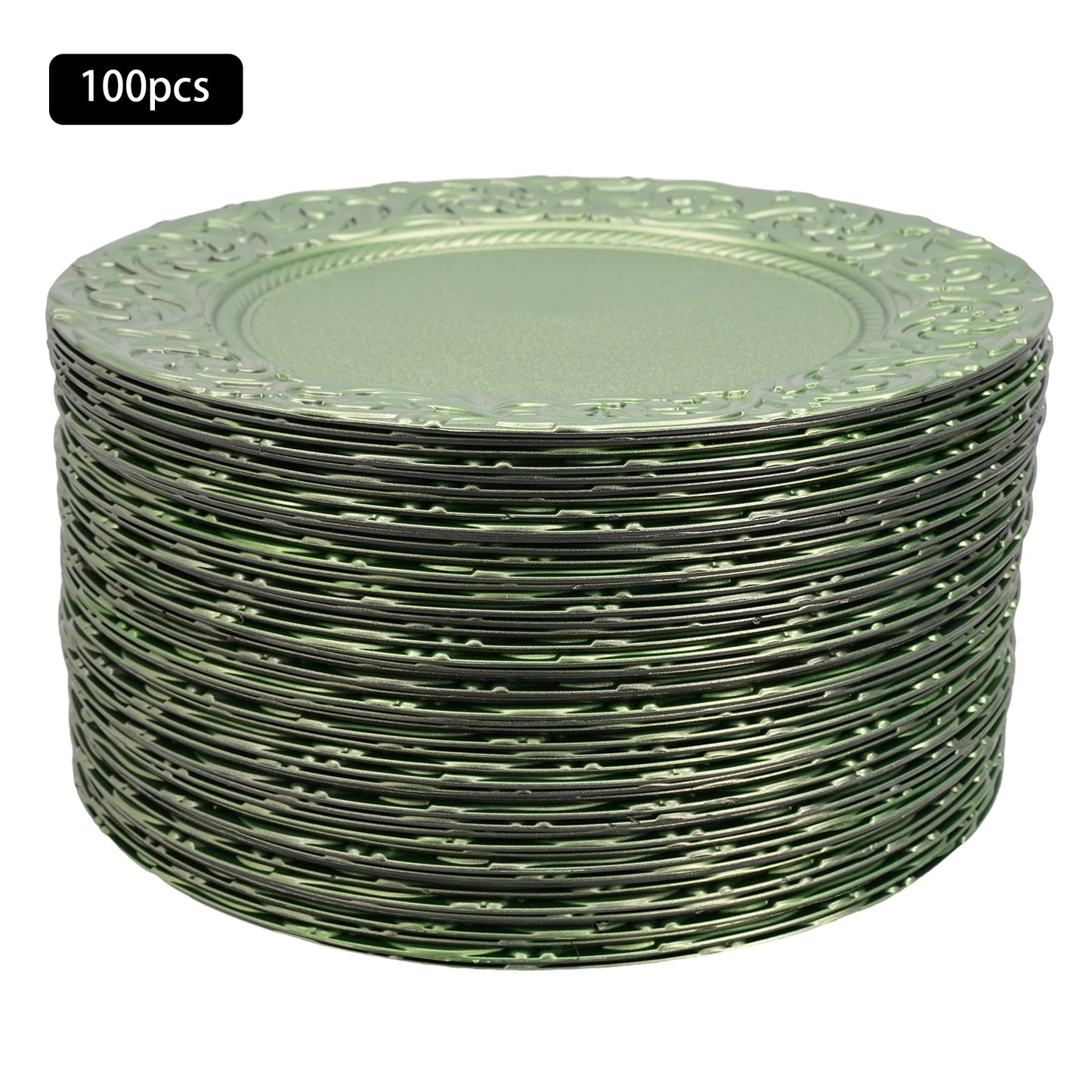 100-Piece Round Charger Plates Set in Black Silver Green Gold with Patterns Reusable Serving Plates for Weddings Banquets