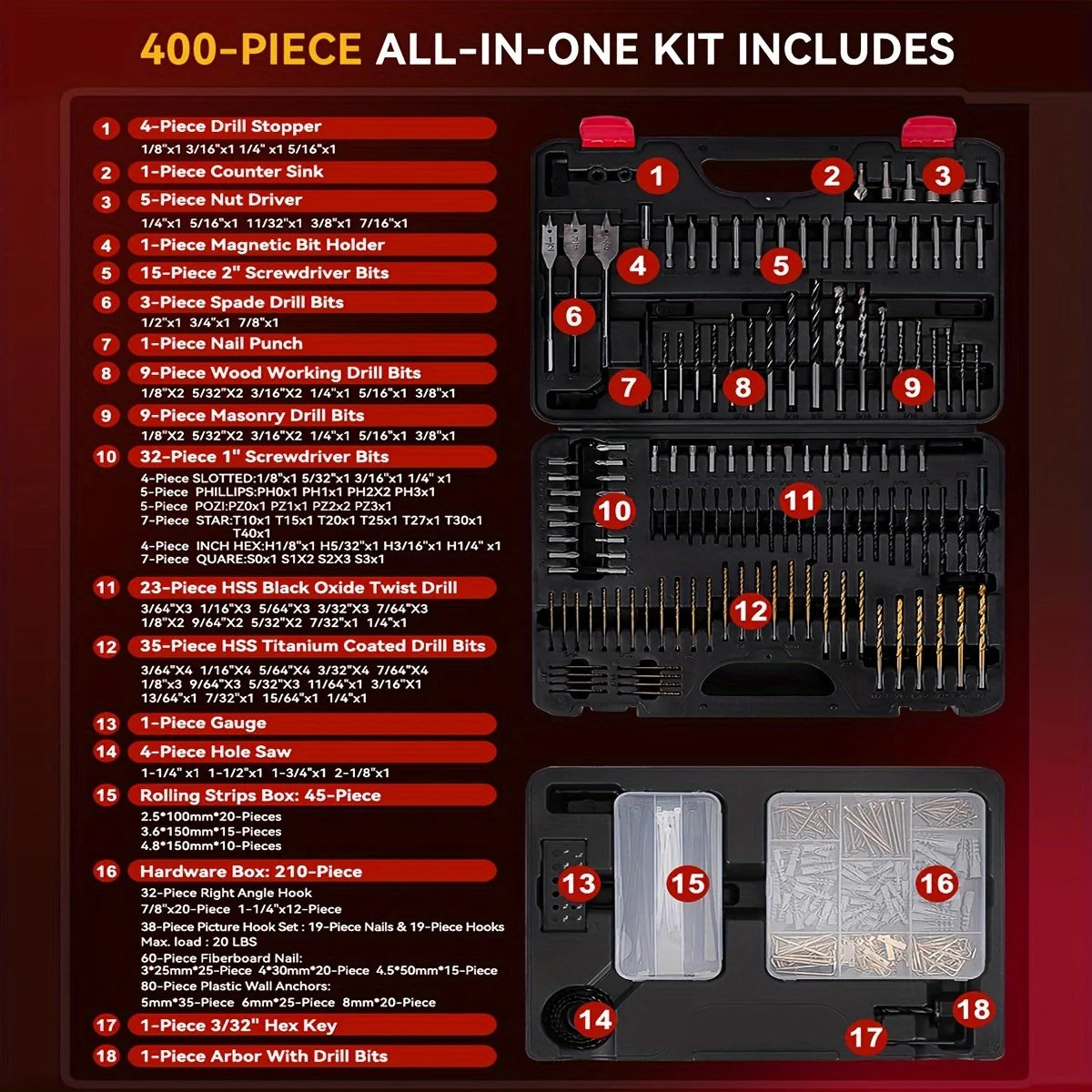 400 Pcs Drill Bit Set - Drill Bits Screwdriver Bit Set Case with Drawer,Bit Set Designed for Various Drilling&Metal Wood Masonry