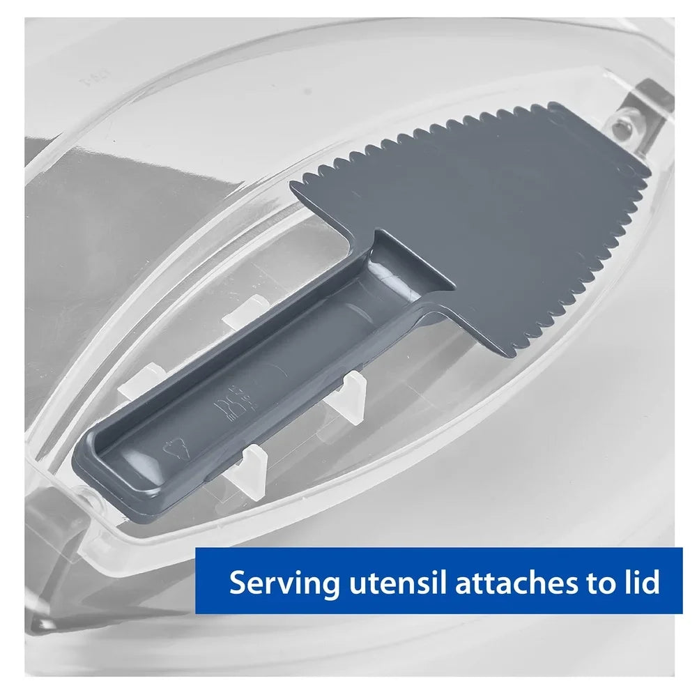 Rectangular Dessert Carrier Clear Plastic with Dark Gray Handle Secure Clasps Slice and Serve Utensil Stackable Food Storage