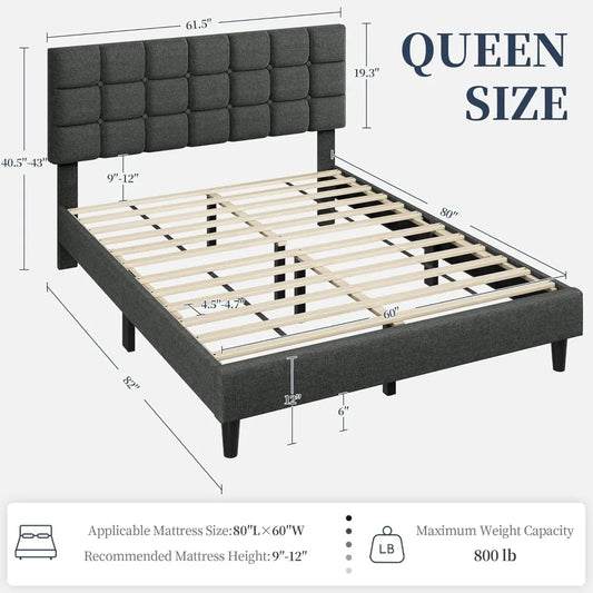 Upholstered Bed Frame, Modern Queen Bed Platform with Square Stitched&Button Tufting Headboard Height Adjustable, Wooden