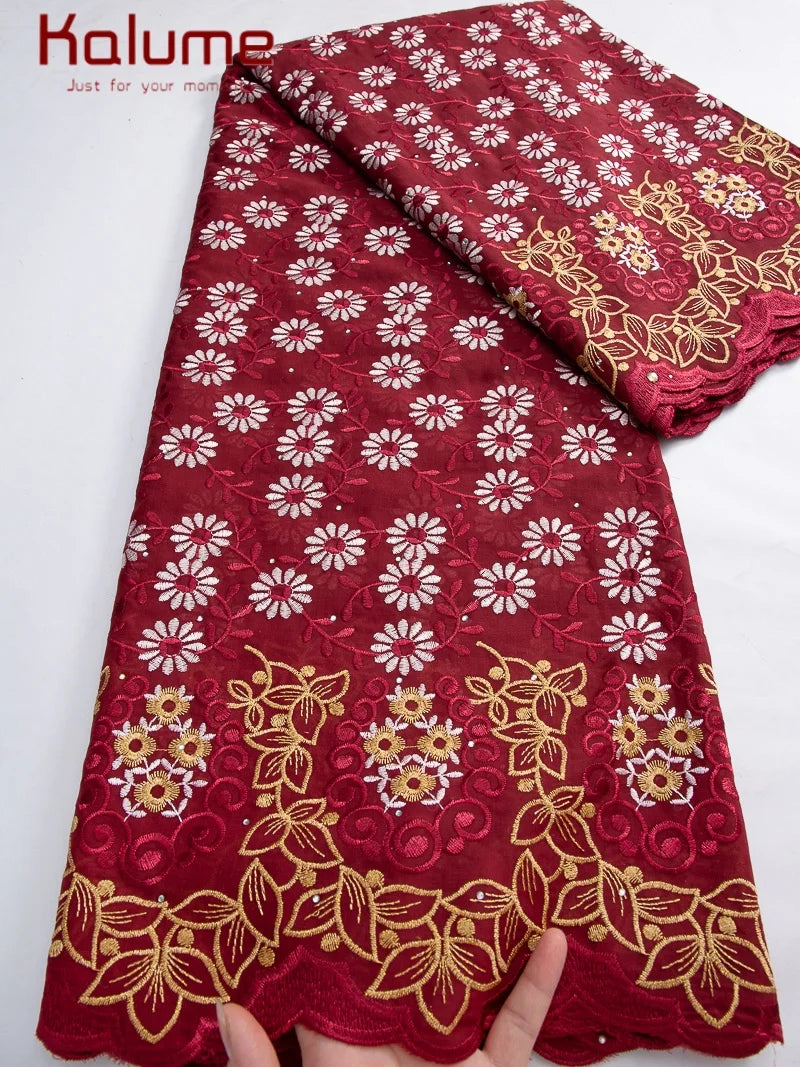 Kalume African Cotton Embroidered Lace Fabric With Stones 2025 Nigerian Swiss Voile Lace Fabric Flower For Sewing Dress F4325
