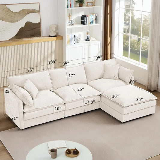 Beige Modular Sectional Sofa Cloud Couch L-Shape Convertible 3-Seater Chenille Upholstered with Ottoman Living Room