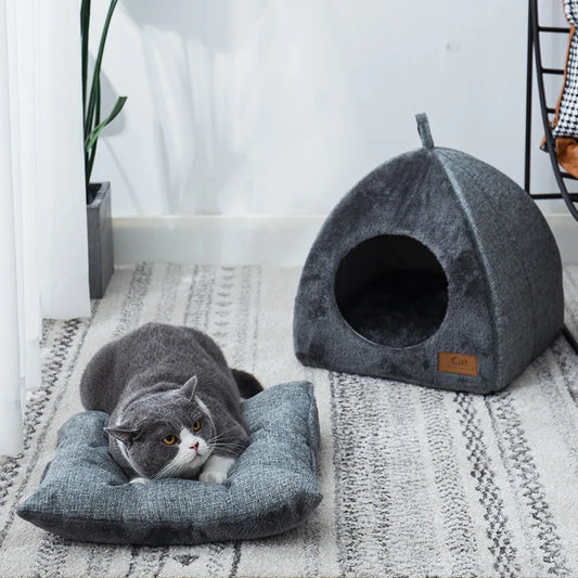 New Triangular Enclosed Cat House - Warm Plush Pet Bed for Deep Sleep, Cozy Shelter for Cats and Small Dogs