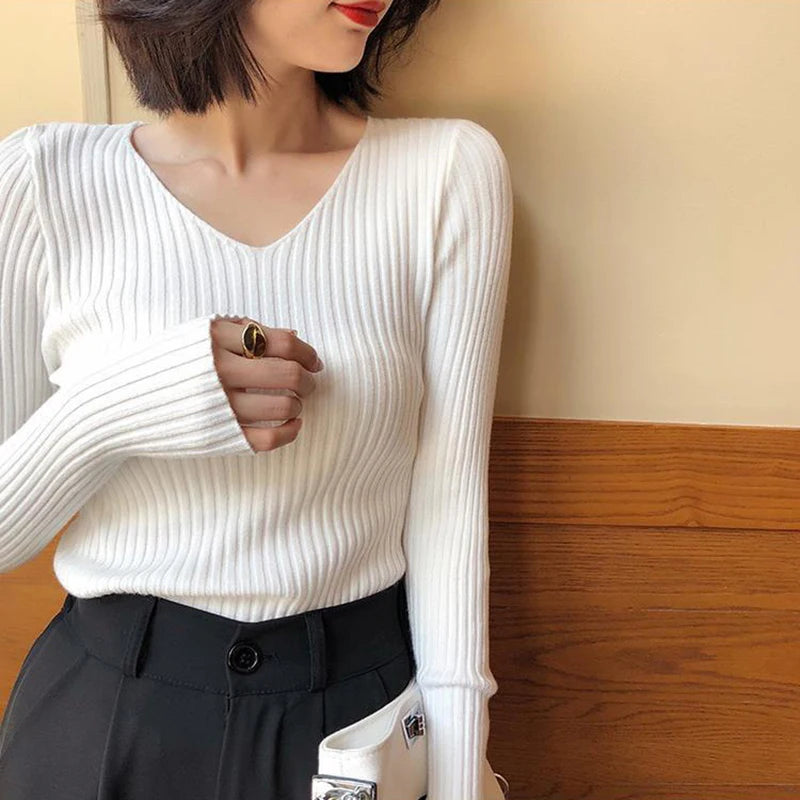 2025 Autumn Winter Women Solid Rib Knit V Neck Stripe Pull Sweater Femme Long Sleeve Pullover Jersey Tops Fashion Clothes Y2k
