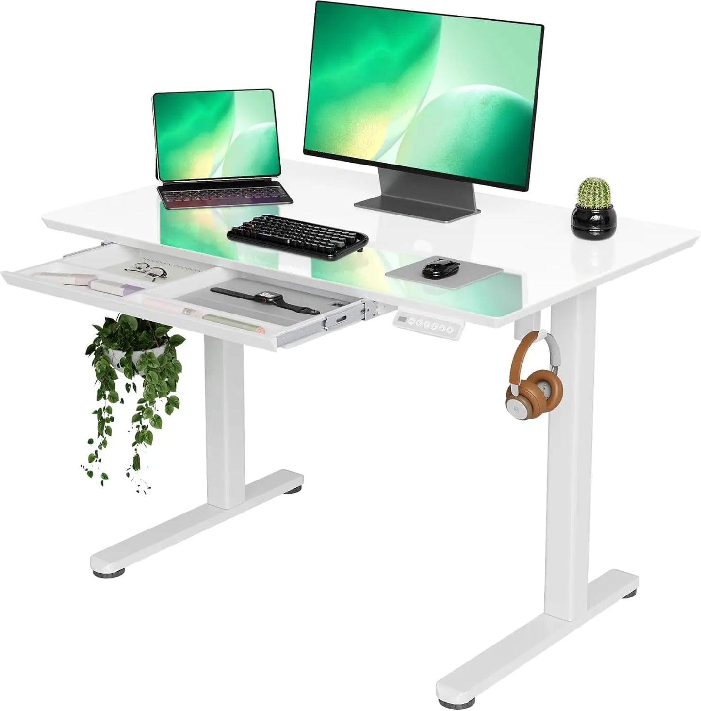 Glass Standing Desk with Drawers, 55×24 Inch Adjustable Stand Up Desk Quick Install Home Office Computer Desk, White