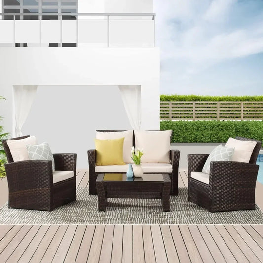 4 Piece Outdoor Patio Furniture Sets, Wicker Conversation Set for Porch Deck, Rattan Sofa Chair with Cushion,outdoor furniture